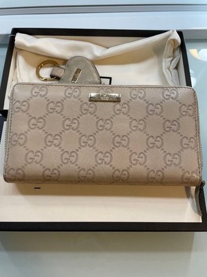 GUCCI Shima Gucci Sima Long Wallet Round Zipper Leather Heart Keyring Auth