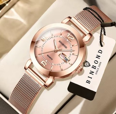 BINBOND Women's Quartz Analog Watch Day/Date Luminous Rose Gold Mesh IP67