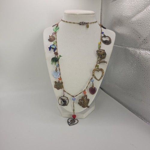 Glass Works Studio GWS Charm Necklace Animals Mickey Hearts Brass Glass Vintage