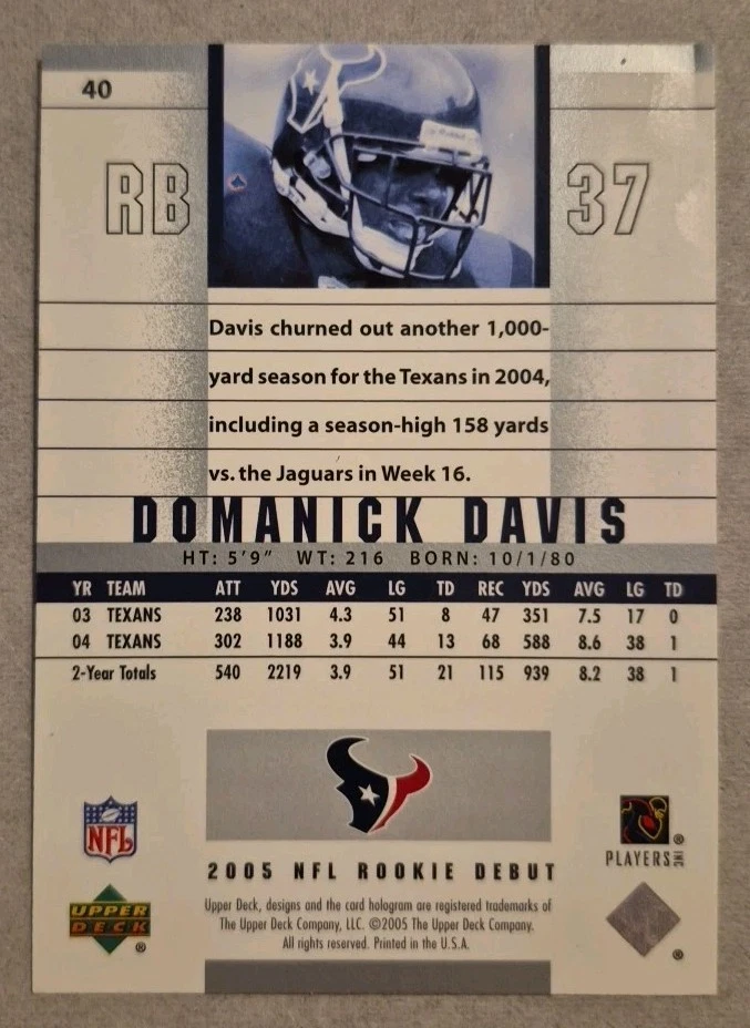2005 Upper Deck Rookie Debut - Domanick Davis #40 - Image 2 of 2