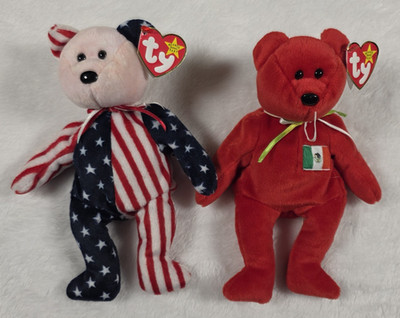 Ty Beanie Babies Spangle and Osito USA and Mexico Bear Plush Set of 2 NWT