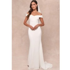 Lulus Arienne White Off-the-Shoulder Mermaid Maxi Wedding Dress Size Small