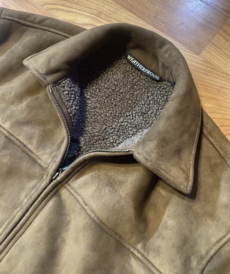 Weatherproof Coat Men’s Medium Brown Suede Sherpa Lined Bomber Jacket Pockets - Image 3 of 4