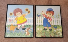 Raggedy Ann & Andy Set 2 Lithograph Wood 15in  Hanging Pictures Lyn Rag Dolls