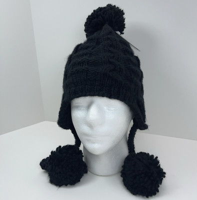 DAKINE Beanie Black Cable Knit Fleece Lined Earflaps Braided Pom Pom Trapper NWT