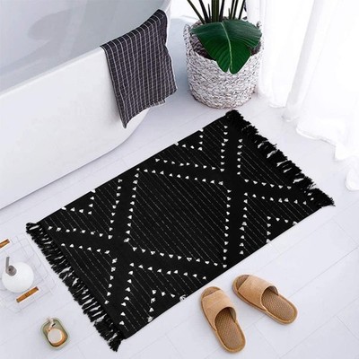 Boho Black Bathroom Rug 2 x 3 Washable Throw Rugs, Small Cotton Woven Bath Ma...