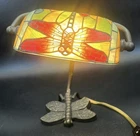 Vintage Stained Glass Dragonfly Banker Table Lamp Tiffany Style WORKS!!!
