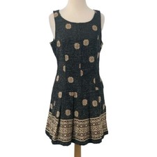 Free People Women's Sleeveless Pleated Dress Boho Black/Beige Medallion Size 8