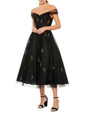 Mac Duggal Off The Shoulder Black Pearl Embellished Tulle Cocktail Dress Size 6