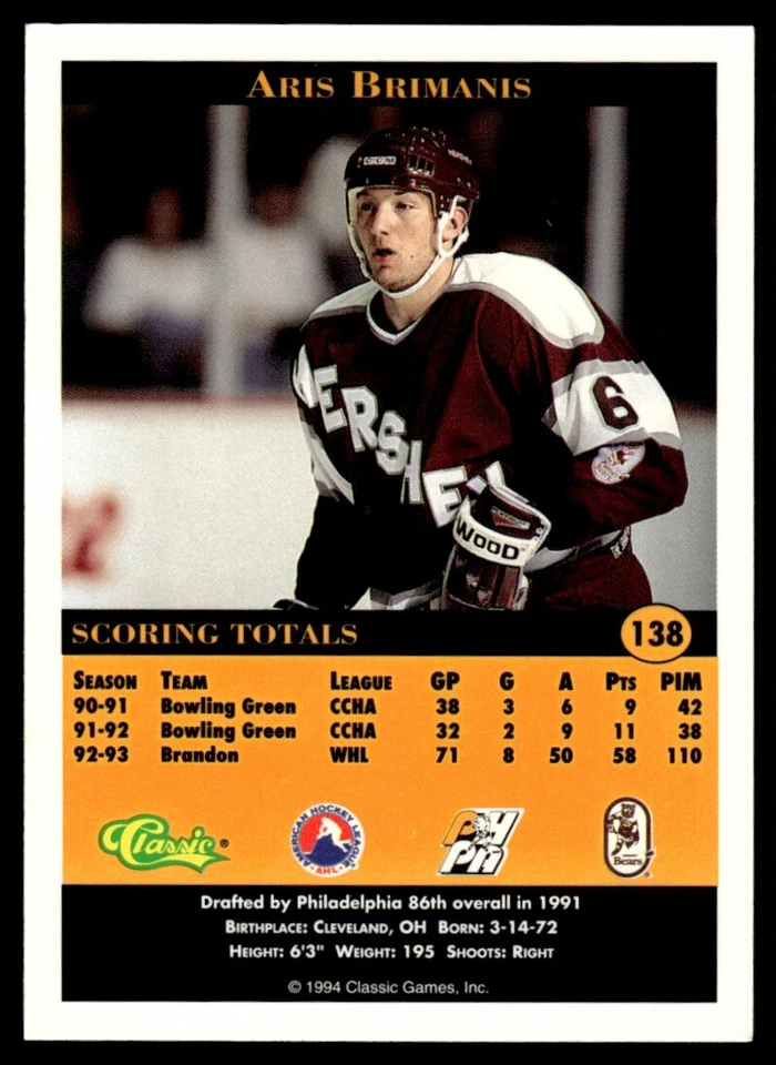 1994-95 Classic Pro Hockey Prospects ARIS BRIMANIS #138 Hershey Bears - Image 2 of 2