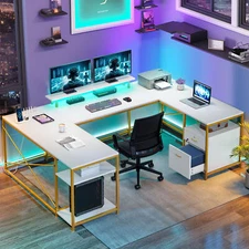 U Shaped Desk with LED Lights & Power Outlets Reversible L Shaped Computer Desk