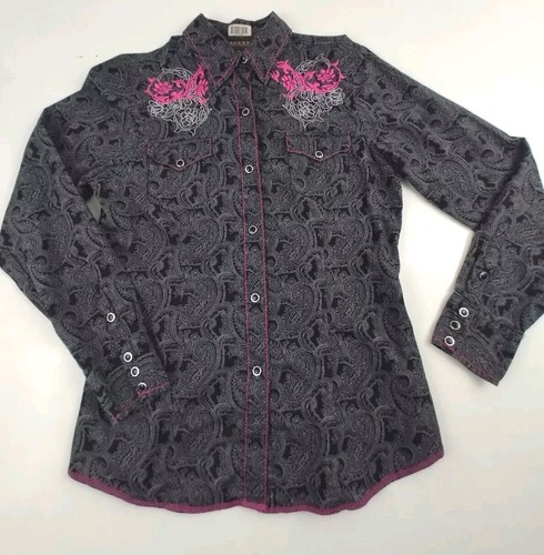 Roper Western Shirt Boys 36 M Pearl Snap Button Up Long Sleeve Embroidered Black - Picture 2 of 16