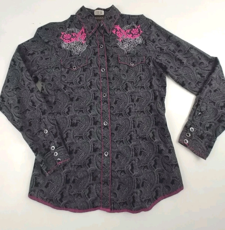 Roper Western Shirt Boys 36 M Pearl Snap Button Up Long Sleeve Embroidered Black - Image 2 of 4
