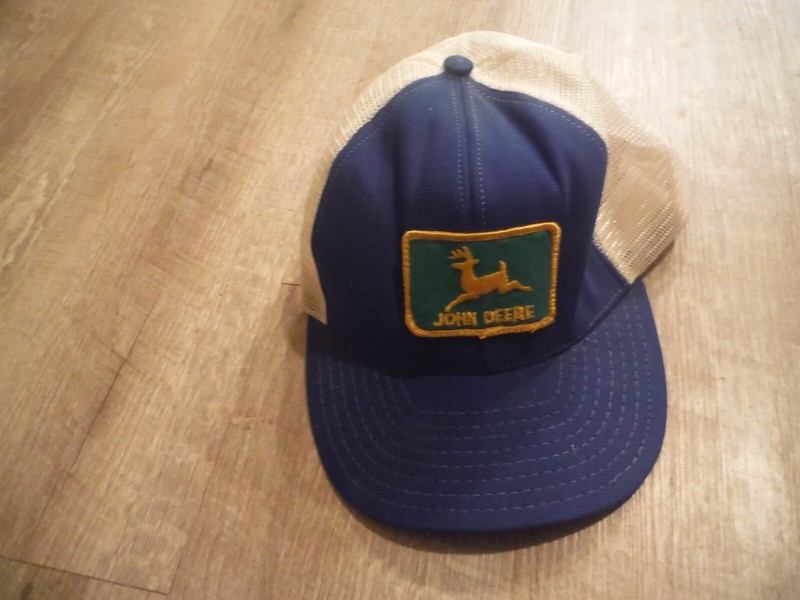 BLUE AND WHITE MESH Vintage JOHN DEERE Trucker / Farm Cap / hat GREEN PATCH Rare