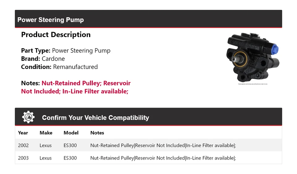 Bomba de dirección asistida Cardone para Lexus ES300 2002-2003 Foto 2 de 4
