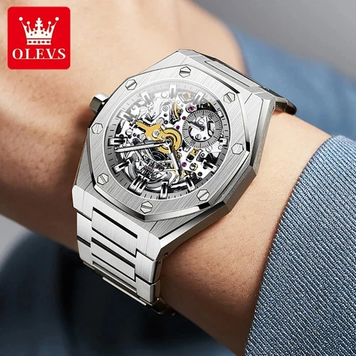 OLEVS Automatic Mechanical Waterproof Luxury Watch Men Skeleton Men's Strap - Picture 7 of 28