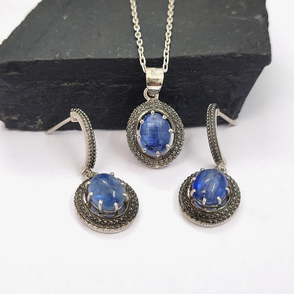 Pingente Love Kyanite com brincos conjunto de joias de prata - 925 prata esterlina maciça - Imagem 2 de 4