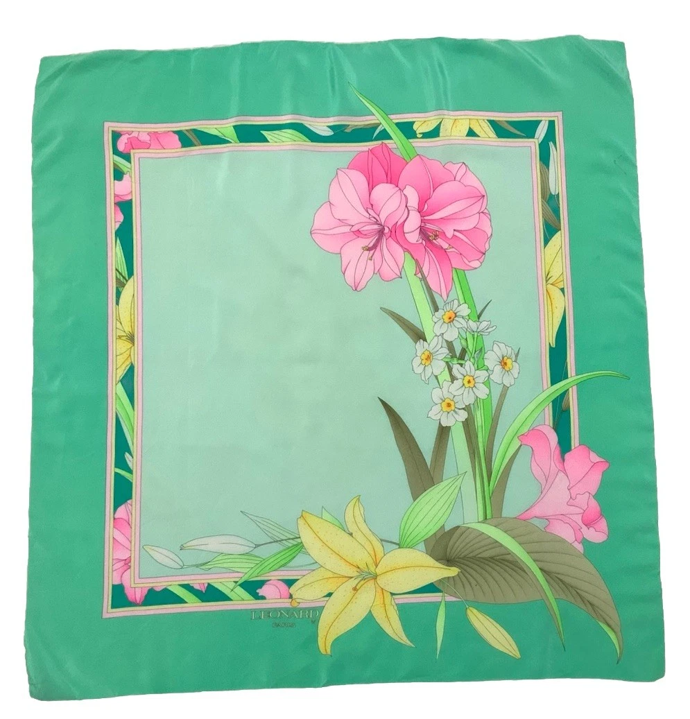 Leonard Paris All Green Silk H.Rolled Flowers Print Women's Scarf
