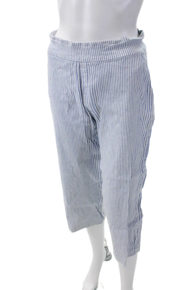 Pantalones cortos Avenue Montaigne para mujer de lino a rayas tiro alto azul blanco talla 8 Foto 2 de 4