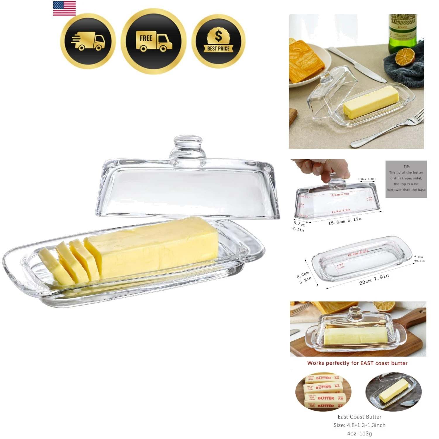 8'' Art Glass Butter Dish with Lid,Classic Covered 2-Piece Butter Container F...
