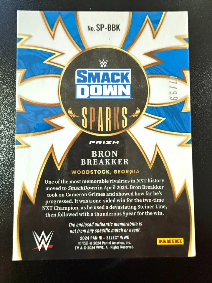 2024 Panini Select WWE Bron Breakker Sparks Red Prizm Jersey /99 #SP-BBK - Image 2 of 2