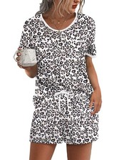 Ekouaer Pajama Set for Women 2 Piece Lounge Short X-Large, White Leopard