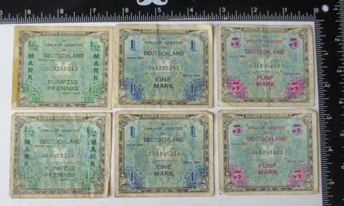 6 Original WW2 US OCCUPATION GERMANY MARKS ALLIED MILITARY CURRENCY BANKNOTES