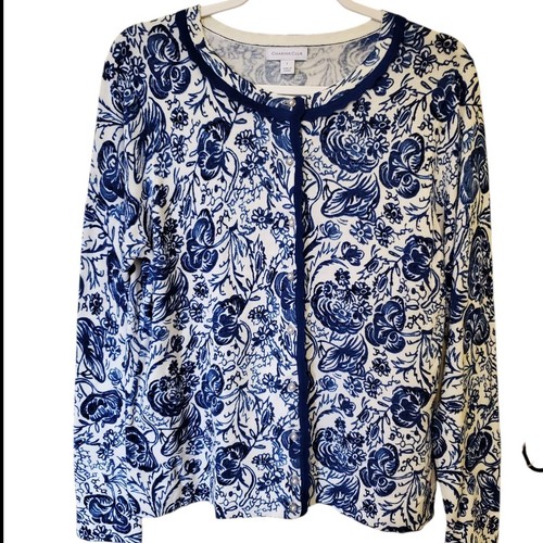 CHARTER CLUB Blumen Strickjacke Pullover L Kunstperlen Knöpfe blau weiß Print - Bild 1 von 4