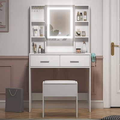 Schminktisch Set weiß 80x40x140cm Spanplatte Glas 2 Schubladen LED Spiegel.