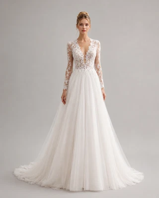 HBH Brautmode I Brautkleid mit langem Ärmeln  mit Tüll Spitze Einzelstück Gr.36 - Bild 1 von 3