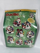 Vtg Bucilla Santa  Snowmen Fence Felt Ornaments Kit Set of 8 Christmas 84264