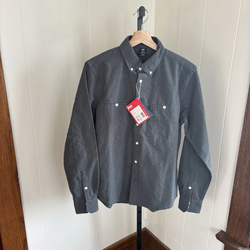 Camisa Helly Hansen NUEVA CON ETIQUETAS Gris Algodón Orgánico Exterior Franela Abotonada Para Hombres Pequeña Foto 2 de 4