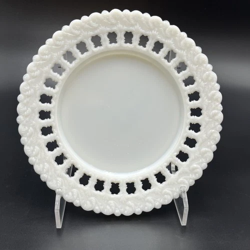 Vtg Milk Glass Plate Cake Dish Shabby Chic Decor Swirl Reticulated Rim 208