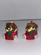 Vtg MCM MINI TEDDY BEAR IN STOCKING CANDLE STICK HOLDERS 1.5” Christmas Holiday