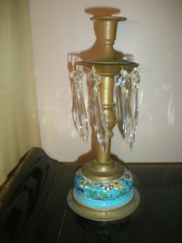 Antique Brass Enameled Candlestick w/ prisms