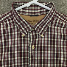 Nautica Shirt Mens XXL 2XL Red Beige Black Plaid Button Up Long Sleeve Cotton