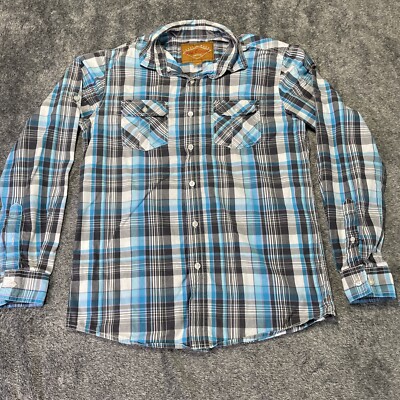 Red Camel Handcrafted Shirt Mens M Button Blue White Black Plaid Western Cowboy