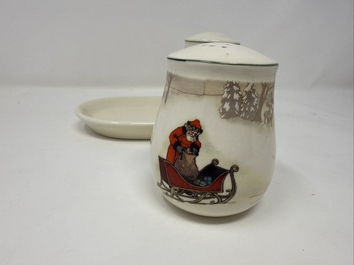 Vtg Hallmark What's in Santa's Bag 3 Piece Salt & Pepper Shakers Tray Snow Scene - Picture 3 of 9