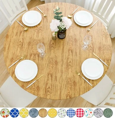 RALLY HOME GOODS Vinyl Tablecloth Round Fitted Elastic Flannel Backing Cedar Wood Grain Pattern