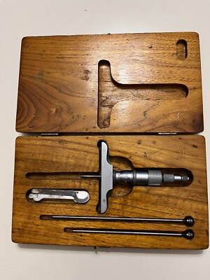 Scherr Tumico 0-3'' Depth Micrometer Set w/ Rods & Wood Case Machinist Tool