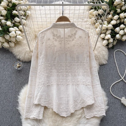 Lady Blouse Shirt Top Lace Floral Embroidery Button Ethnic Long Sleeve Basic New - Picture 10 of 31