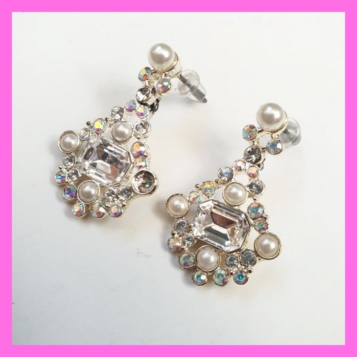Givenchy Dangle Stud Earrings Crystal Rhinestones Pearls Silver Wedding Bridal - Picture 5 of 11