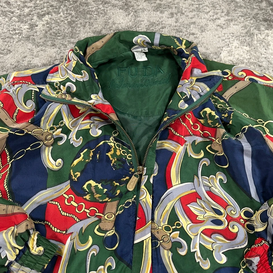 Винтажный FUDA шелковая куртка женщин большой L зеленый синий шелк барокко печать наплечные подушечки - Изображение 2 из 4