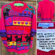 vintage acrylic lurex sweater scottie dog heart flower bows geometric 80s 1980s
