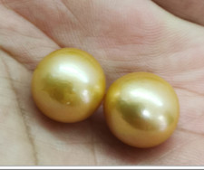 Pair Huge 16mm South Sea Genuine Gold Round Loose Pearl Undrilled Jewelry 661