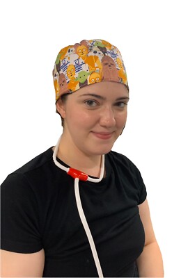 Star Wars R2D2 CP3O Medical Hat, Ponytail Nurse Scrub Cap SATIN LINED,  Buttons