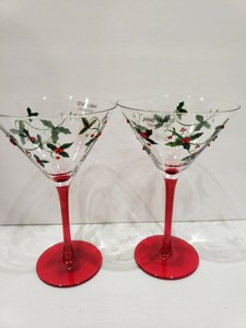 2 Christmas Martini Glasses Rhinestones Holly Berries Wine Glasses