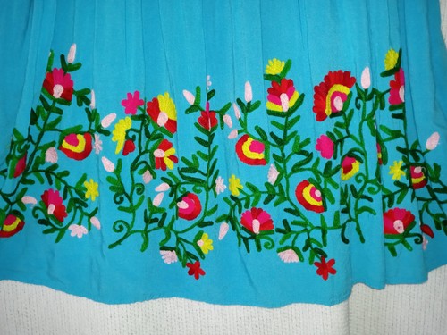 Riviera Sun Dress M / L Turquoise Embroidered Floral Boho Hippie Side Pockets - Picture 5 of 9
