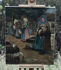 Levay B - Landscape With Women Selling Geese, Oil On Canvas Painting From France