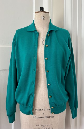 RETRO HODGSON OF SCOTLAND RICH TEAL GREEN PURE MERINO COLLARED CARDIGAN UK12-14 - Bild 2 von 15